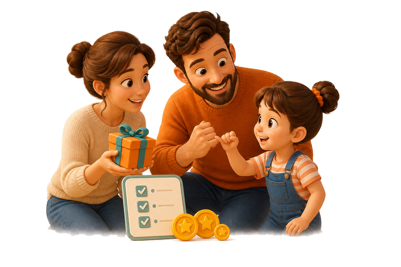 A family making a playful deal about chores and rewards