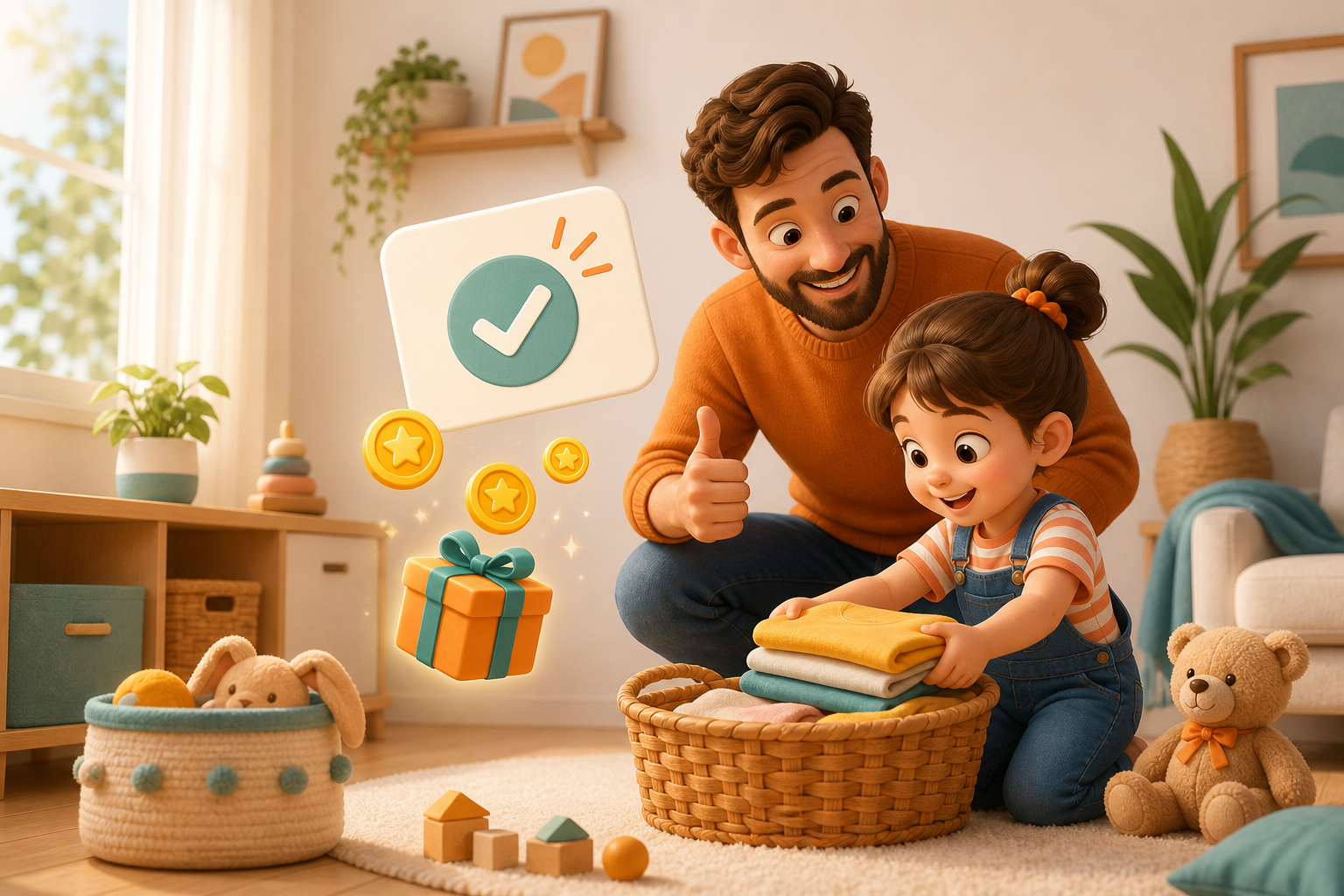A parent and child completing a family chore and earning points toward a reward