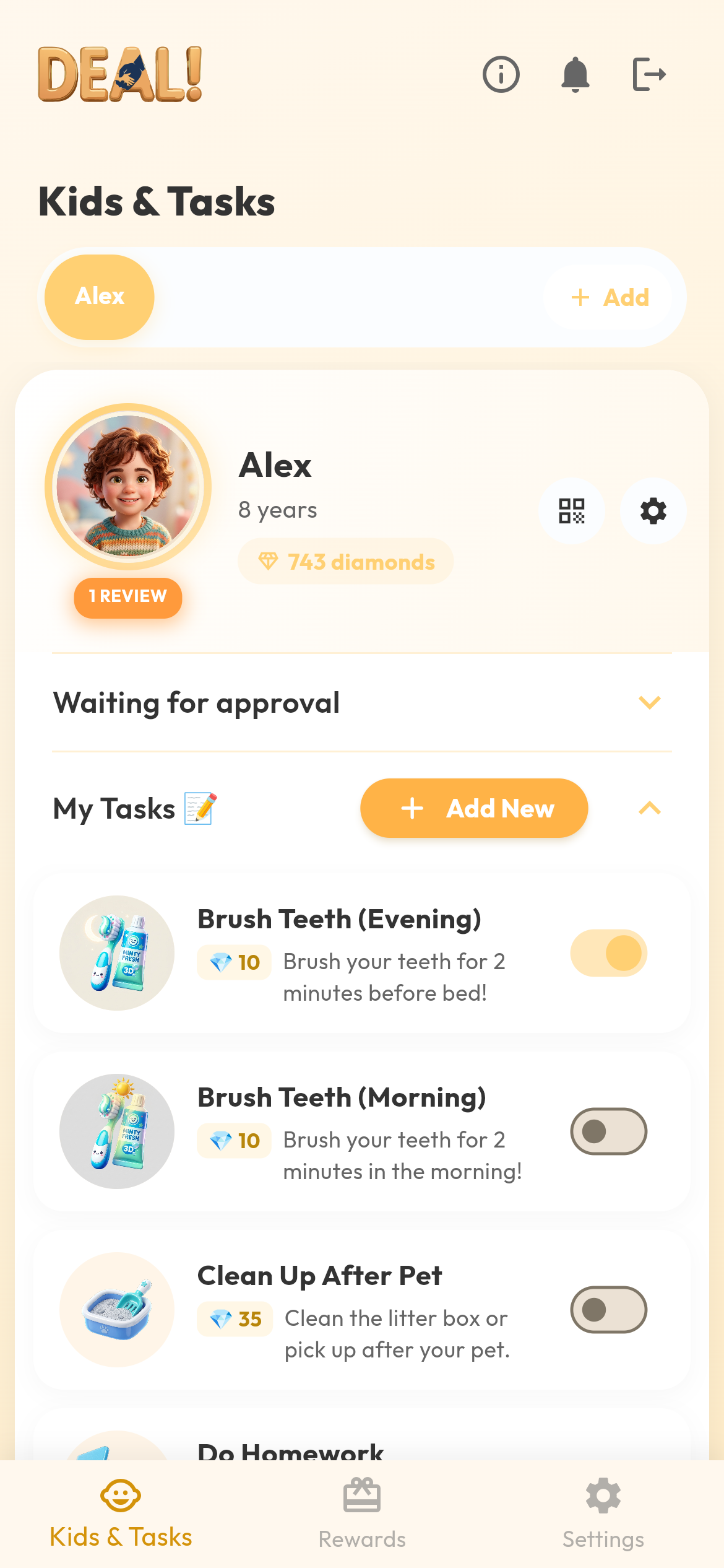 Deal! parent task management screen
